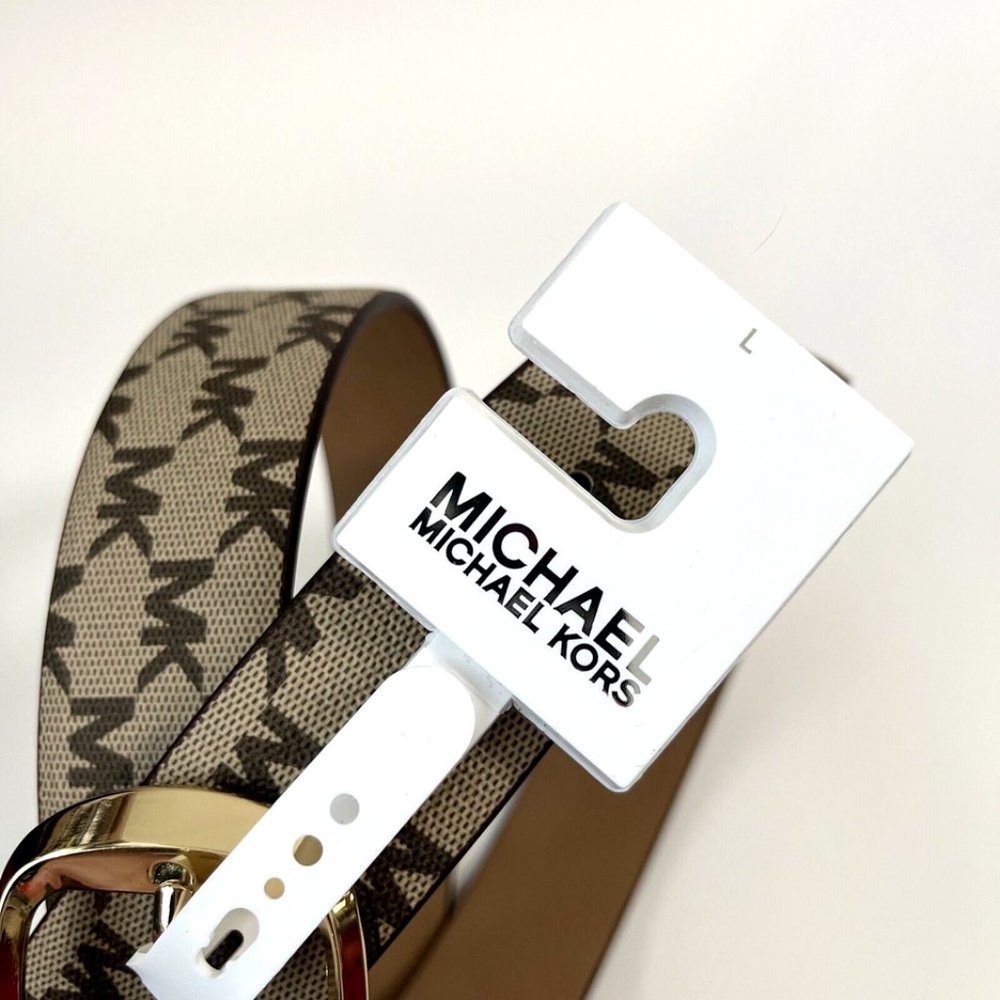 NWT Original MICHAEL KORS Signature Brown Beige Gold Belt 556196C Logo Brand - Picture 7 of 8